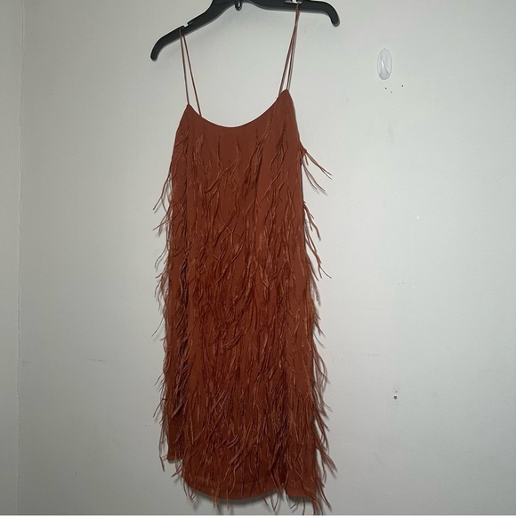 Rebecca Taylor Copper Silk Ostrich Feather Slip Dress Size 8 - Picture 8 of 17